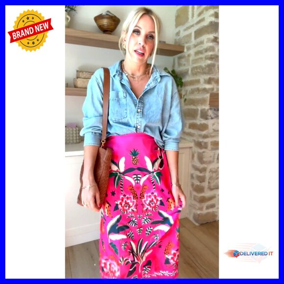 Tropical Print Midi Skirt High Waist Zipper A-Line Floral Summer Chic - Picture 7 of 7